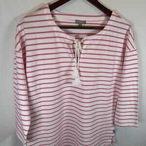 T by Talbots Women’s S V-Neck Tassel Shirt Pink Stretch Cotton Spring Coastal
